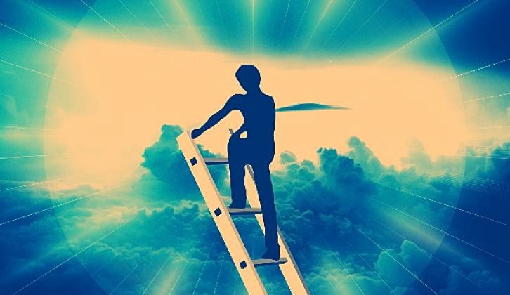 A person ascending a ladder into the sky