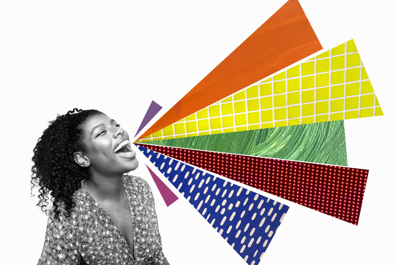 collage of young black woman talking with vibrant shapes for article on school-home communications