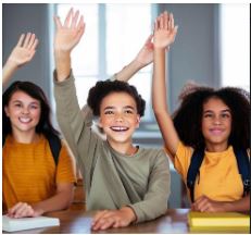 AI-generated photo of three schoolchildren raising their hands