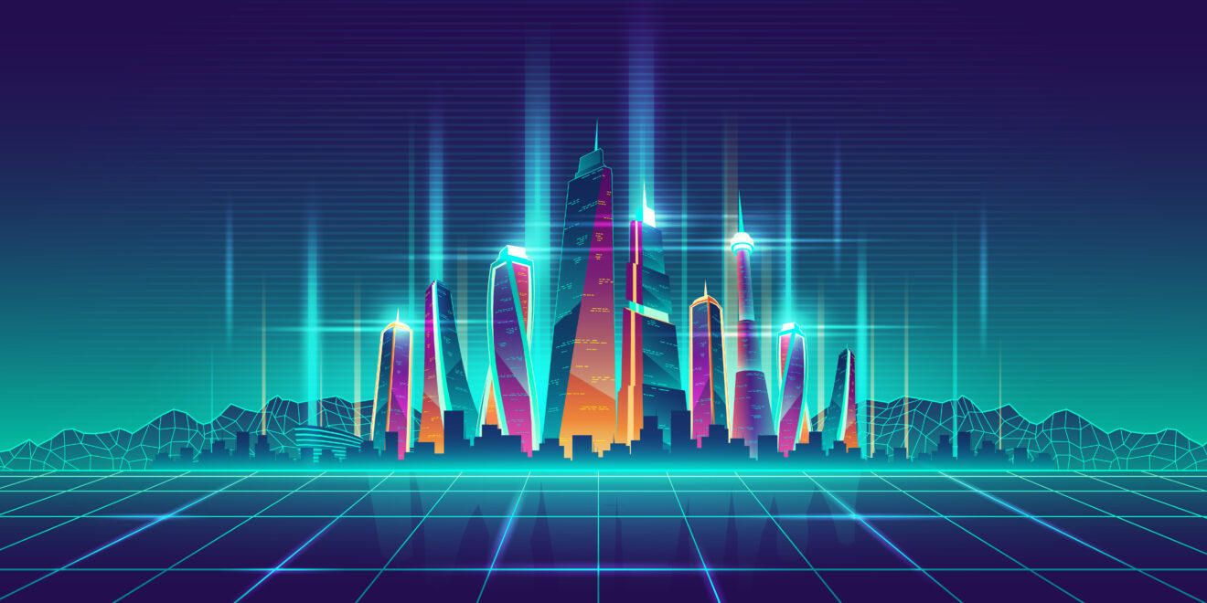 A futuristic city glows against a dark skyline