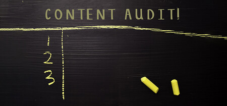 chalk board with the words "content audit" written in yellow chalk on the top and 1 2 3 down the side