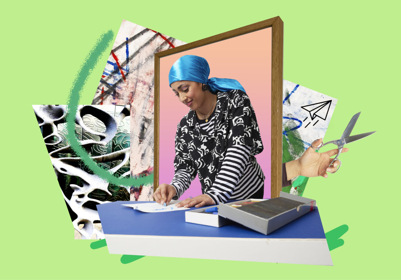 Image of artist in computer creen with various art implements surrounding her for article on teaching computer science