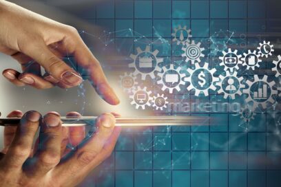 Hand with fingers extended tapping on a mobile phone: Headline Mobile-first marketing strategies for modern consumers