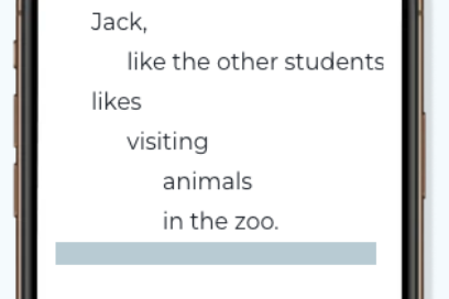 screenshot of Cascade Reading, with sentence cascading down phone screen as diagrammed sentence for article on reading for older students