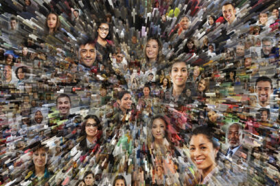 Social media portraits combined with zooming pillars creates a big data and social media concept photo.