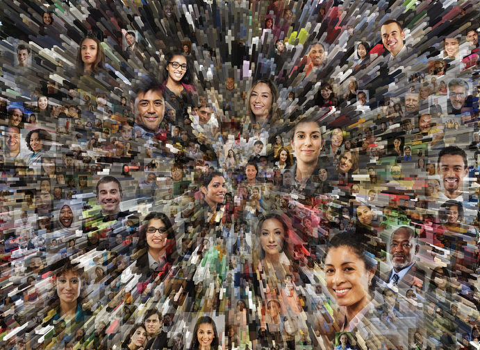 Social media portraits combined with zooming pillars creates a big data and social media concept photo.