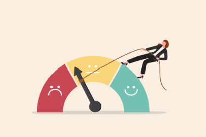 Emotions gauge on curve with unhappy, OK and happy, with strong businesswoman stanidng on happy side pulling the string to make rating gauge happy for article on name, claim and reframe