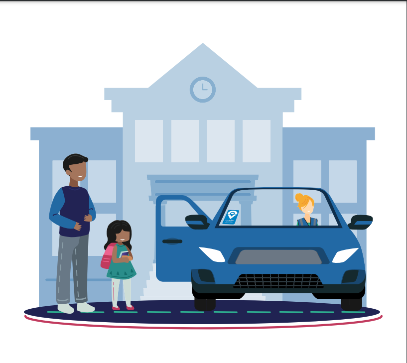 Illustration of adult and student standing outside car driven by another adult in front of a school for article on alternative transportation for schools