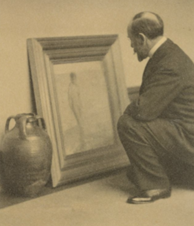 Sepia drawing of Charles Lang Freer, namesake of the National Museum of Asian Art’s Freer Gallery of Art, kneeling down to examining a framed artwork leaning against a wall. He was a fan of slow looking long before the term was coined. He believed in the power of one’s direct emotional response to a work of art through quiet contemplation. The 1906 image iis a gift of the estate. (National Museum of Asian Art Archives)