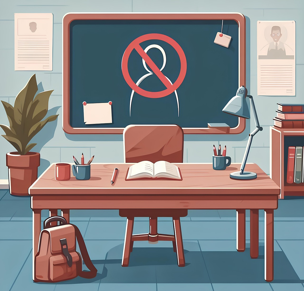 An illustration of an empty school desk