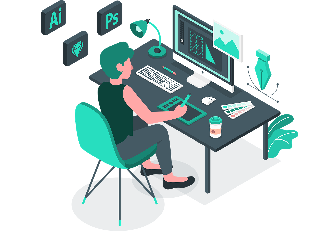 Illustration of a woman sitting at a desk with a screen and keyboard in front, pad off to the right side and several images representing web development called out. Used for SmartBrief Technology Original with headline Bridging the gap between marketing and web development