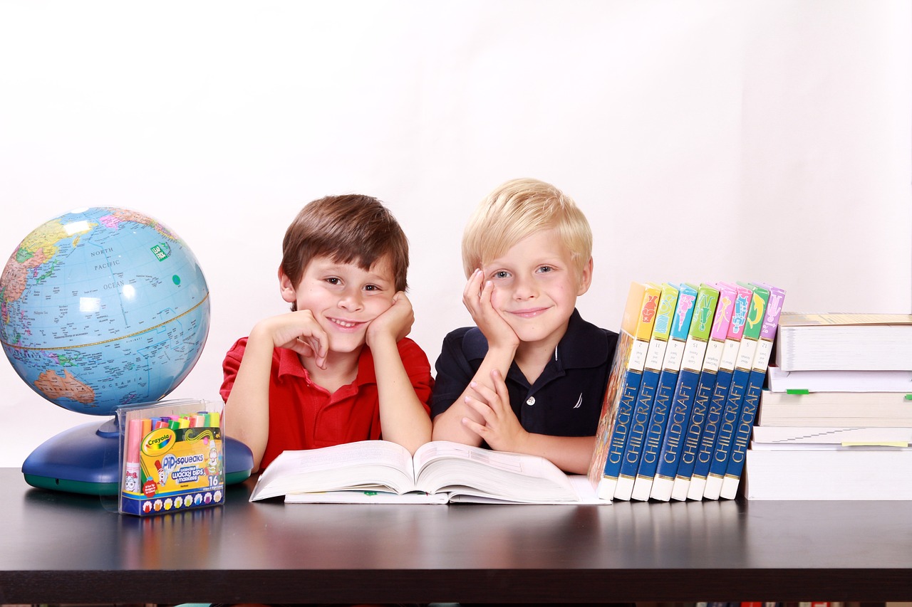 Happy elementary school students with a globe