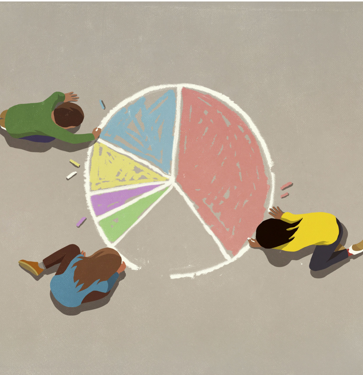 Children drawing a pie chart in chalk