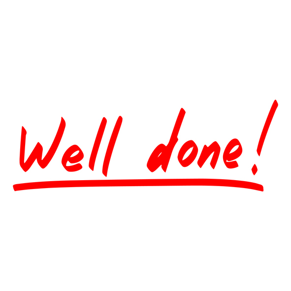 Red marker Well done inscription. Handwritten lettering. School grade mark, exam and test result. Doodle comment with underline. Motivation positive teacher mark.