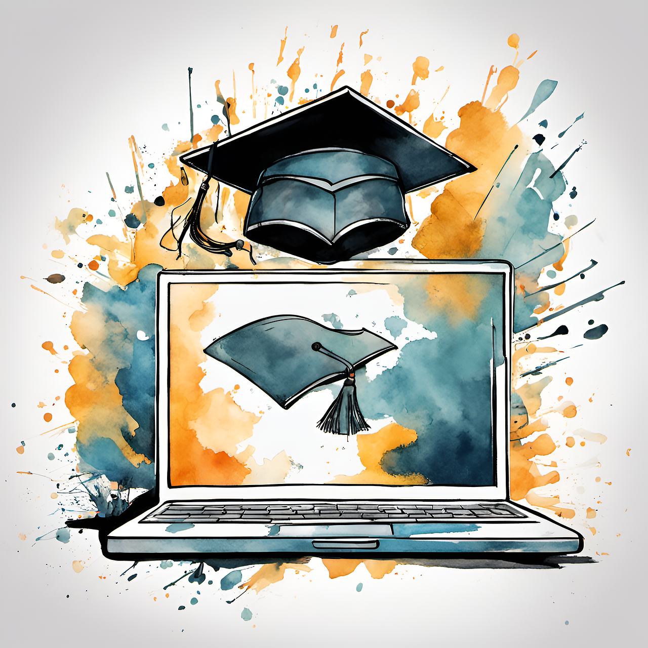 An illustration of a laptop with a graduation cap.