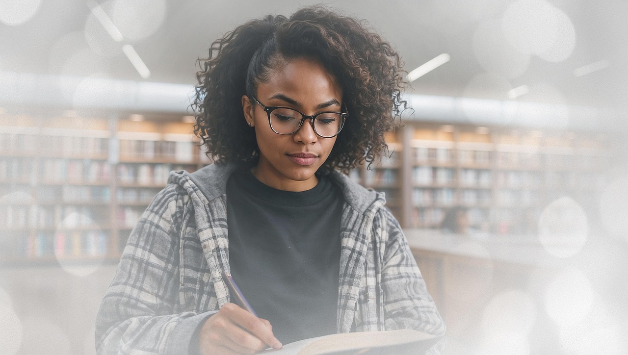 A college student studies in the library.