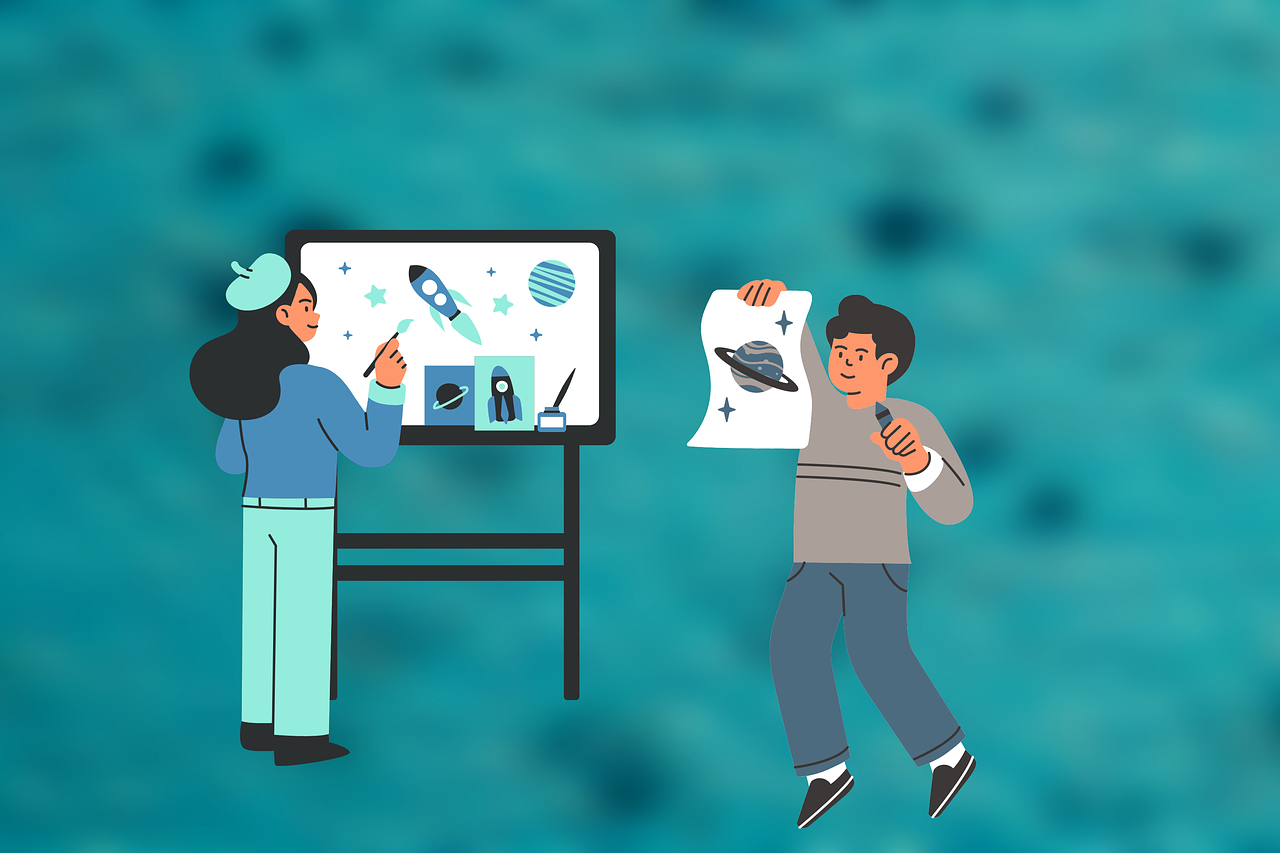 An illustration of two students learning about science