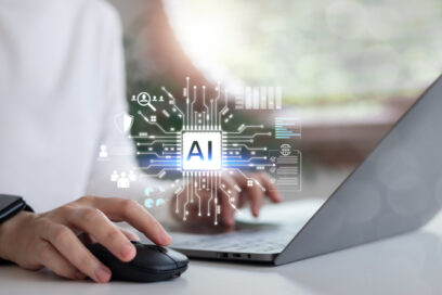 AI-powered technology for smart recruitment, online hiring, and candidate screening, with digital interface on laptop, concept of future HR innovation.