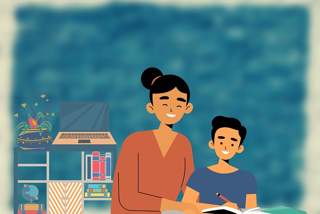 An illustration of a teacher and a young student.