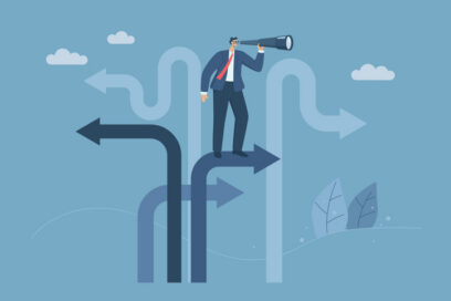 Business decisions or choices, Finding the right direction, Business opportunities or paths to success, Using vision to decide the path ahead, Businessman using binoculars to look at business routes.