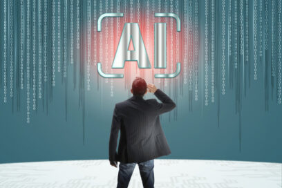 Rear view of Businessman standing in VR environment.Artificial Intelligence And Machine Learning concepts