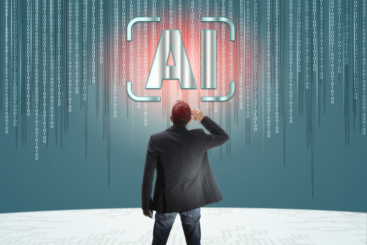 Rear view of Businessman standing in VR environment.Artificial Intelligence And Machine Learning concepts