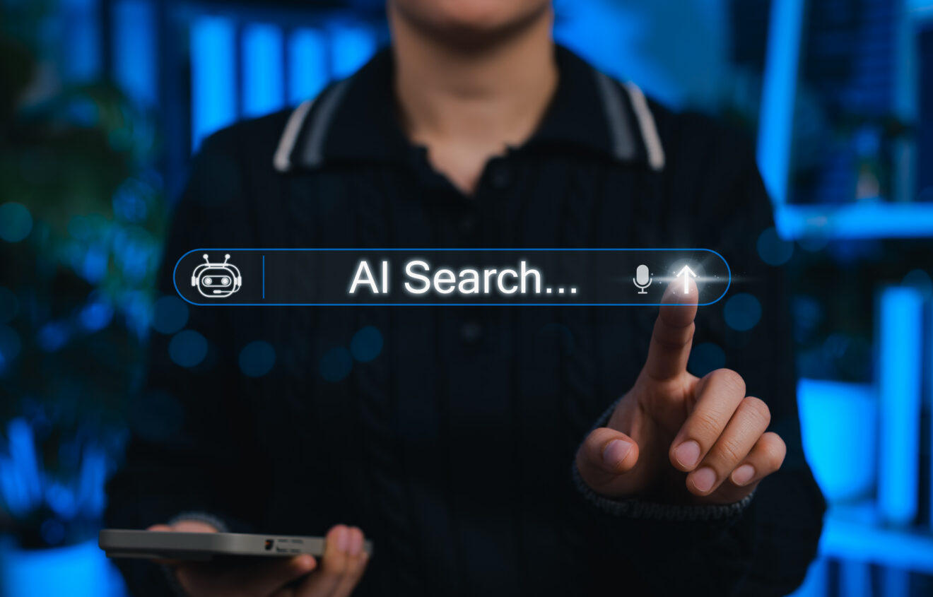 AI search engine technology concept. Woman interacts with search bar AI Search