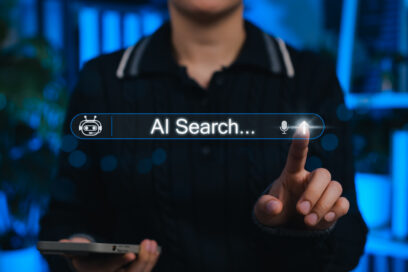 AI search engine technology concept. Woman interacts with search bar AI Search