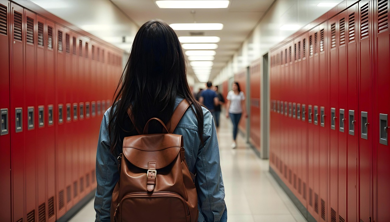 A high school student walking in the hallway of a school