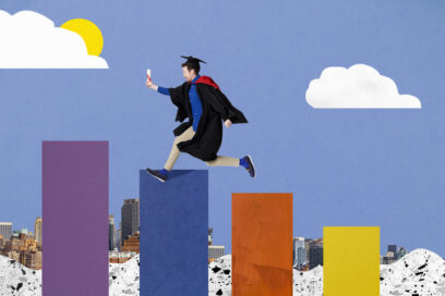 illustration of male graduate leaping up bar graphs