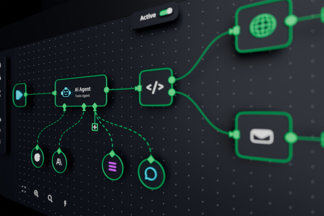 AI workflow automation artificial intelligence software interface nodes triggers data tool dashboard coding icon flow process technology 3d rendering. Used for SmartBrief Original with headline: 2026 will expose broken marketing workflows being masked by AI