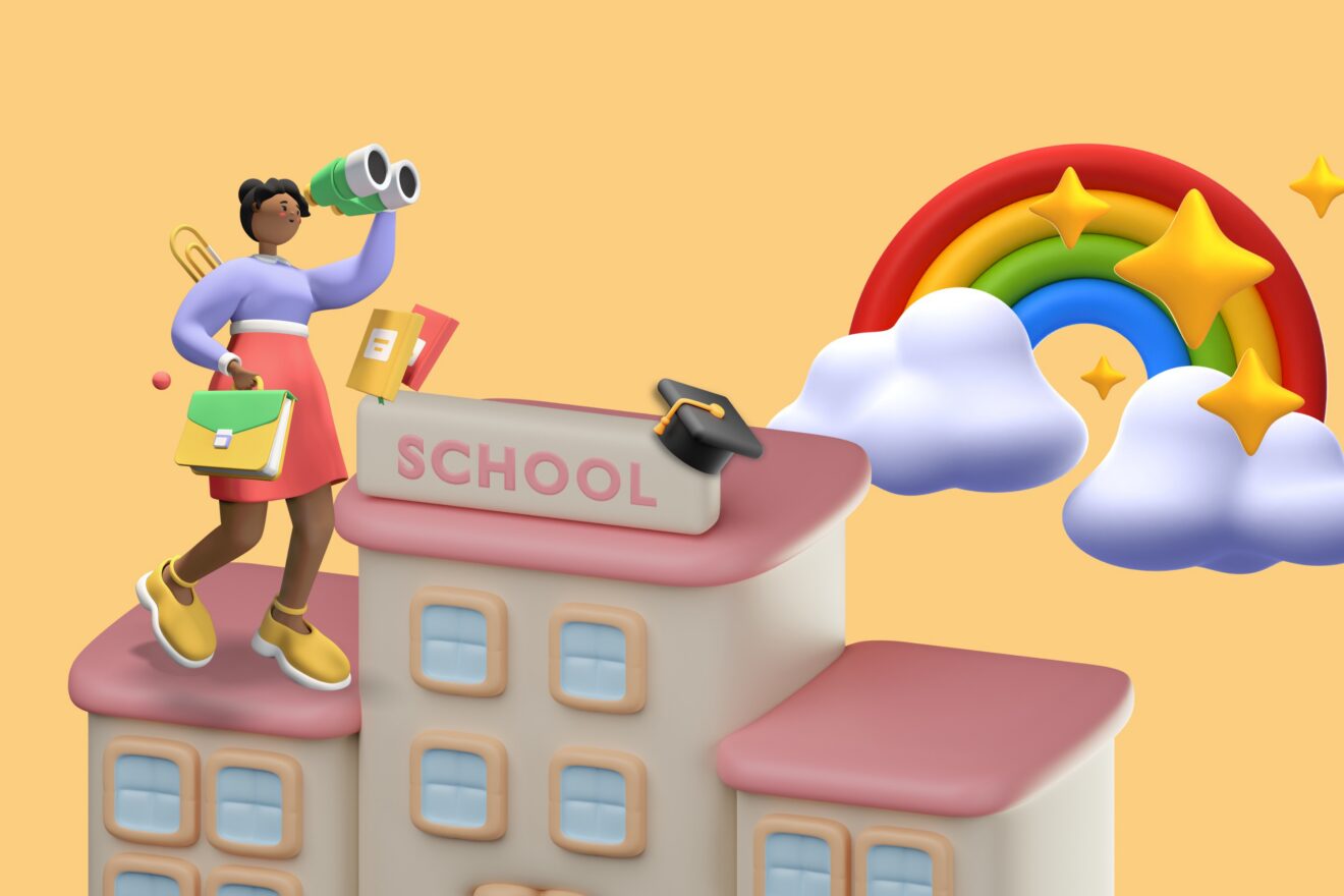 Illustration of a student climbing a school building