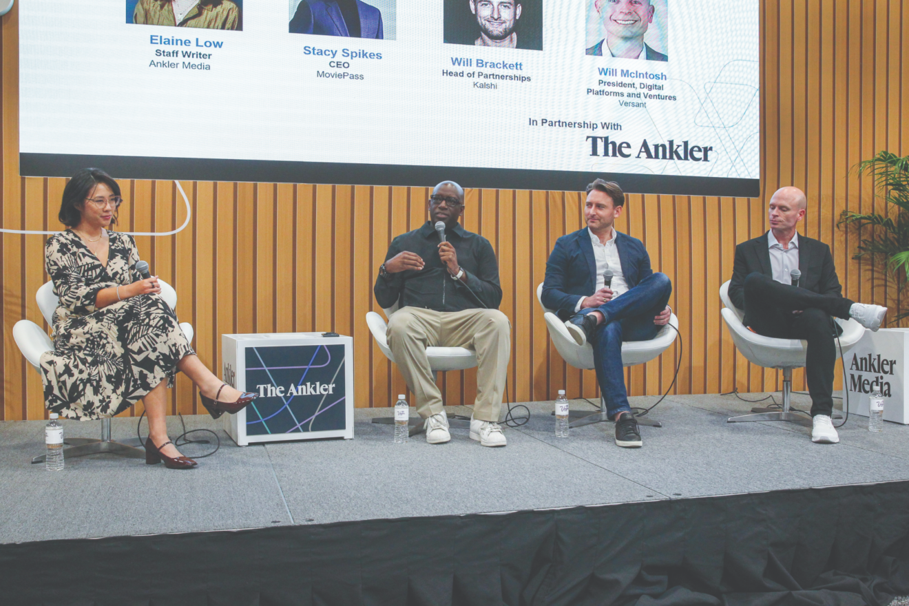 Ankler's Elaine Low (L), moderated the NAB Show panel with MoviePass's Stacy Spikes, Kalshi's Will Brackett and Versant's Will McIntosh.