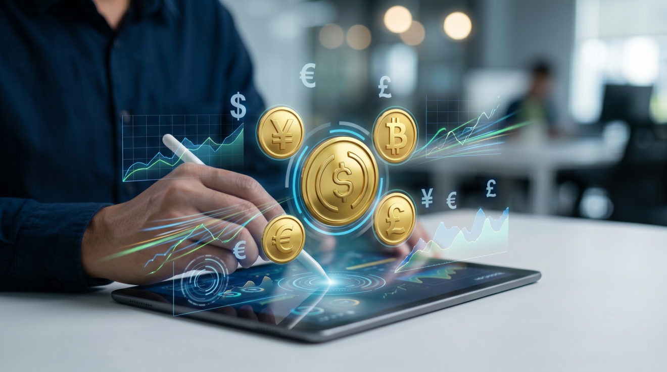 Currencies float above a keyboard
