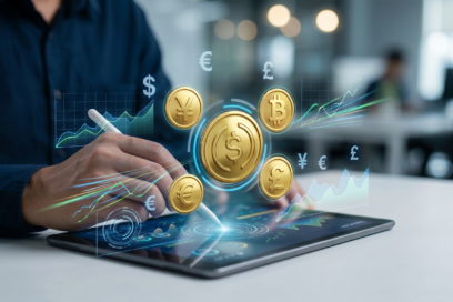 Currencies float above a keyboard