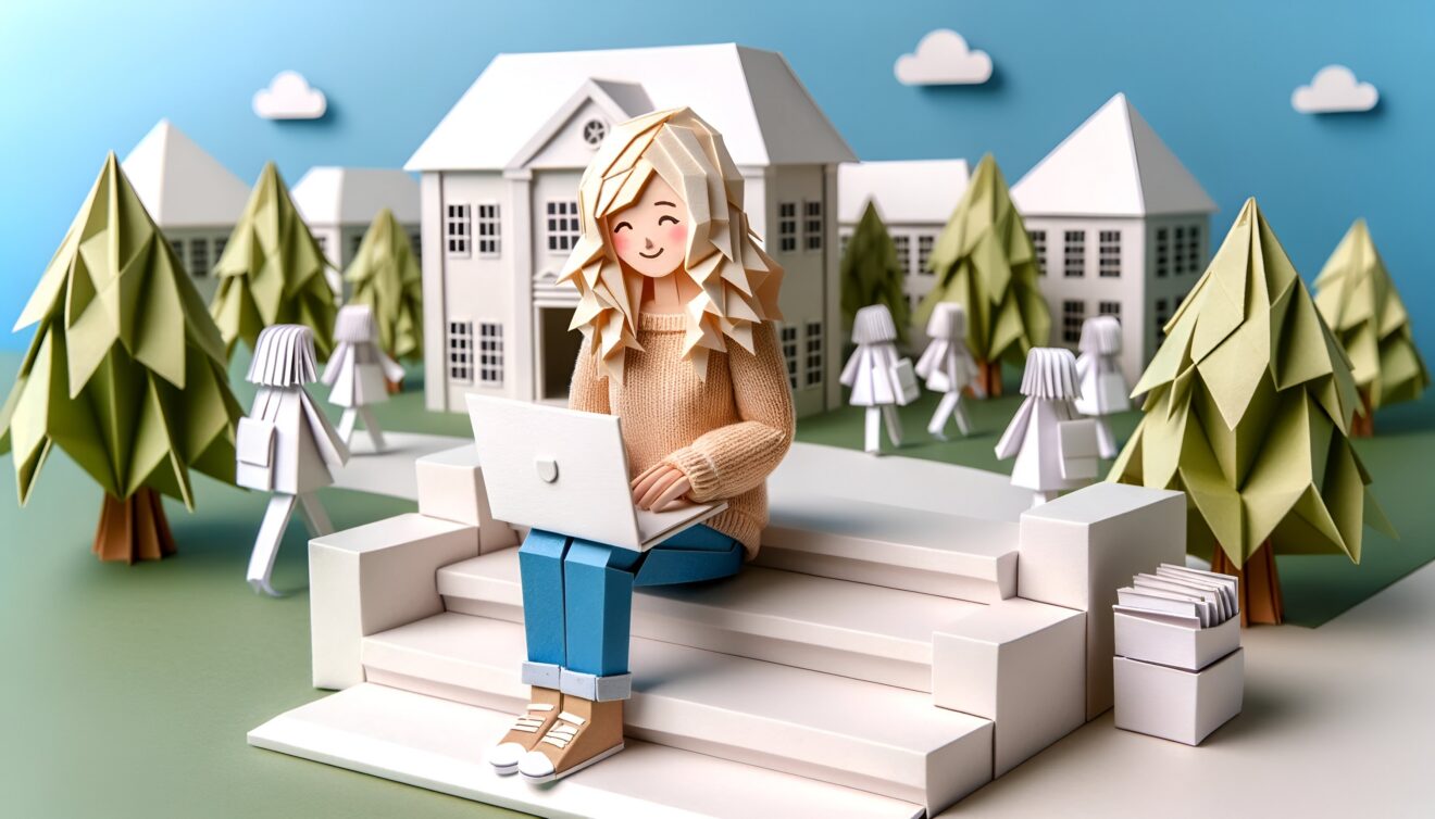 An illustration of a college student on campus in an origami style.