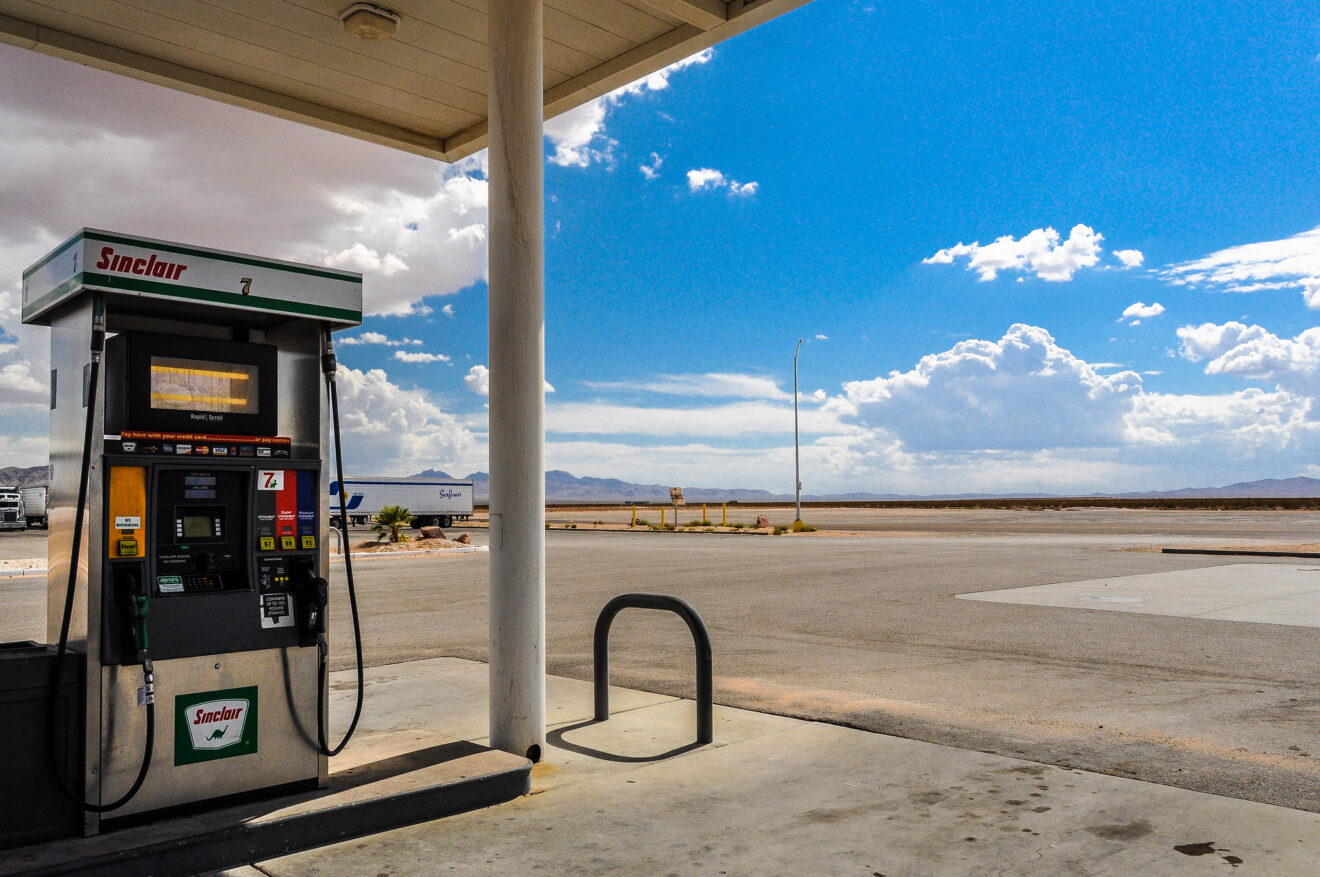 Gas pump against a desert background in Clark County, Nev.