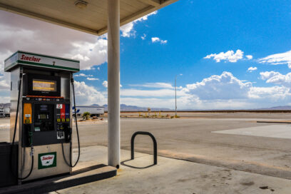 Gas pump against a desert background in Clark County, Nev.