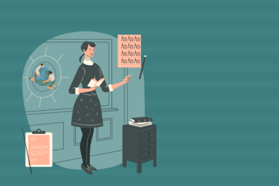An illustration of a teacher in front of the class.