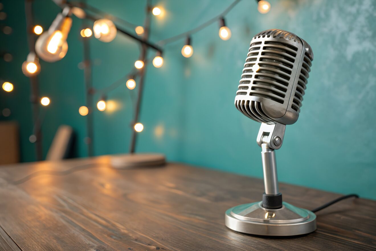 A microphone on a table.