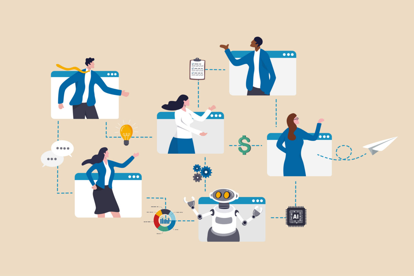 Office workflow diagram, working process, organization chart or corporate flowchart, task management, innovation working with AI artificial intelligence concept, business people on office workflow. Used in a June 2026 SmartBrief Marketing Original with headline: Why your employees are ready for AI, but your org chart isn’t