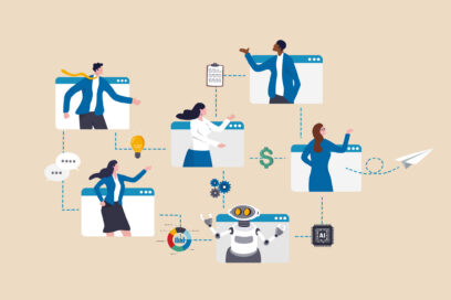 Office workflow diagram, working process, organization chart or corporate flowchart, task management, innovation working with AI artificial intelligence concept, business people on office workflow. Used in a June 2026 SmartBrief Marketing Original with headline: Why your employees are ready for AI, but your org chart isn’t