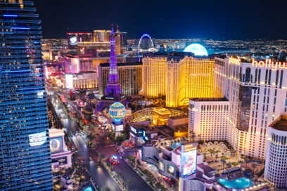 The Las Vegas Strip and Cityscape at Night - Drone Shot