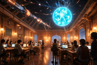 An illustration of a classroom in the future.