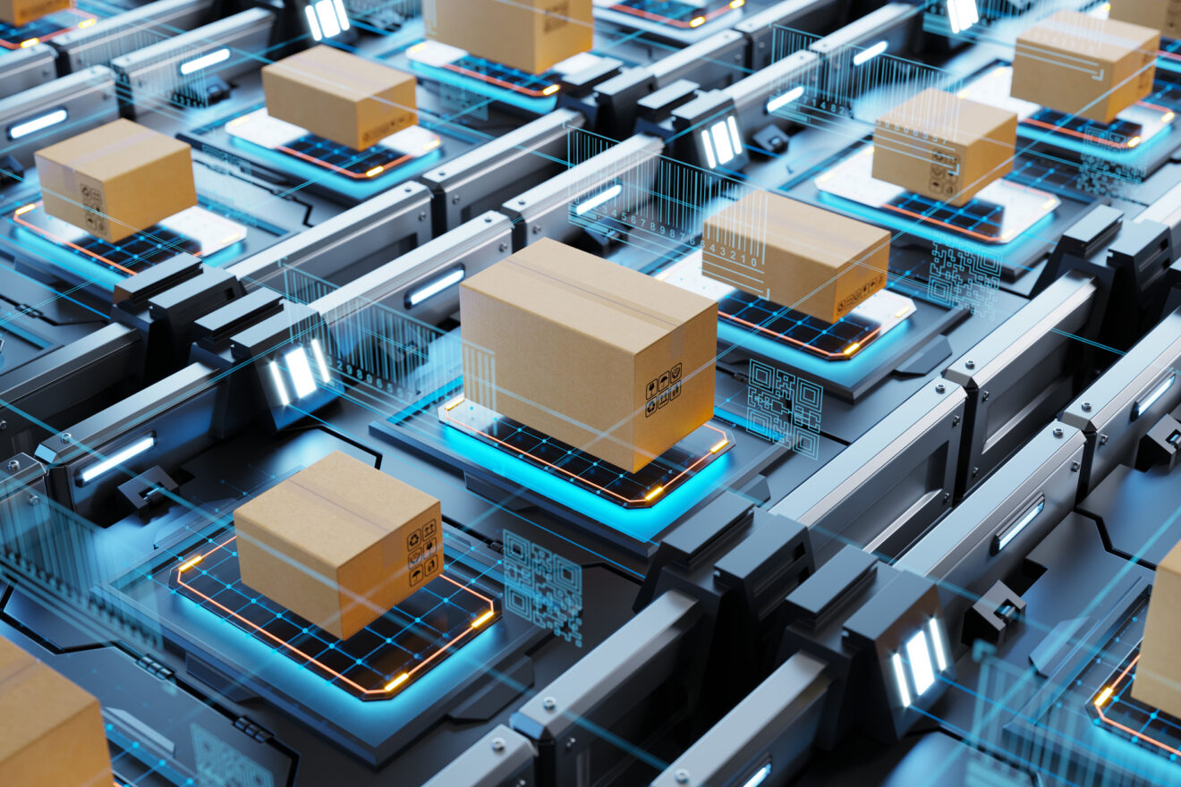 Boxes on automated scanning line for shipping - stock photo Used for SmartBrief Retail story on retail warehouse technology.