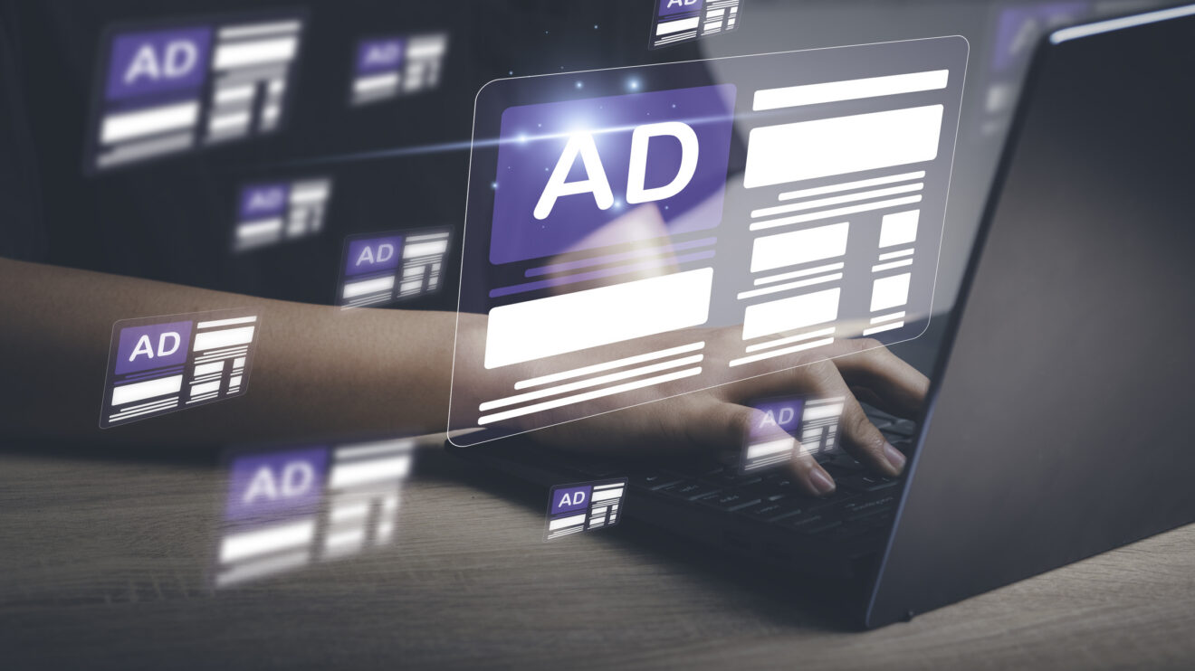 Online programmatic advertising in feed on computer screen. Optimize advertisement target optimize click through rate and conversion. Ads dashboard digital marketing strategy analysis for branding . - stock photo