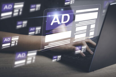 Online programmatic advertising in feed on computer screen. Optimize advertisement target optimize click through rate and conversion. Ads dashboard digital marketing strategy analysis for branding . - stock photo