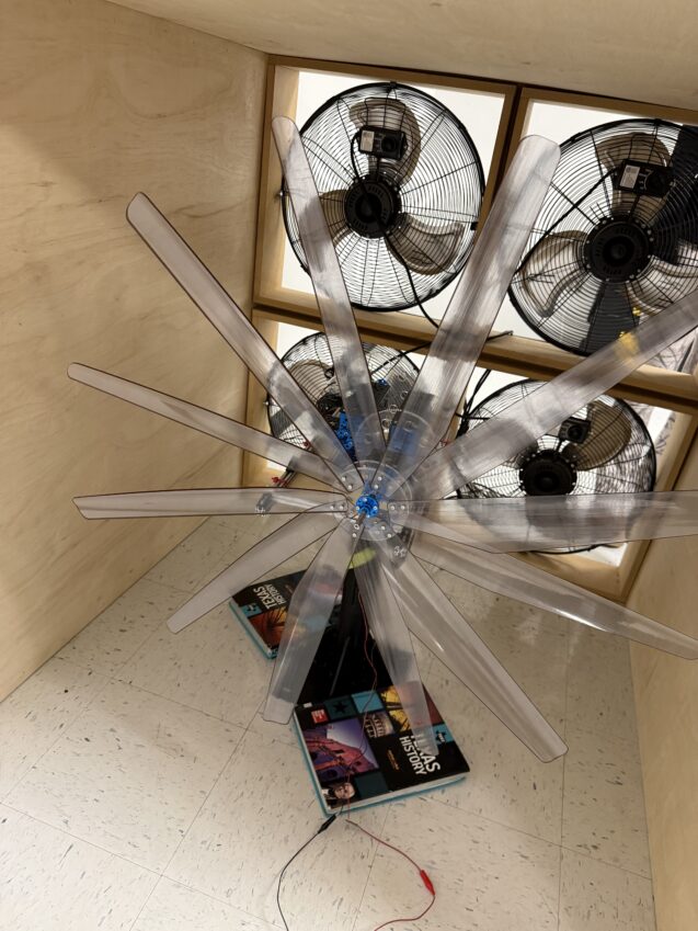 A team tests its turbine performance in their school’s wind tunnel prior to the World KidWind Challenge. (Photo: Amanda Farris)