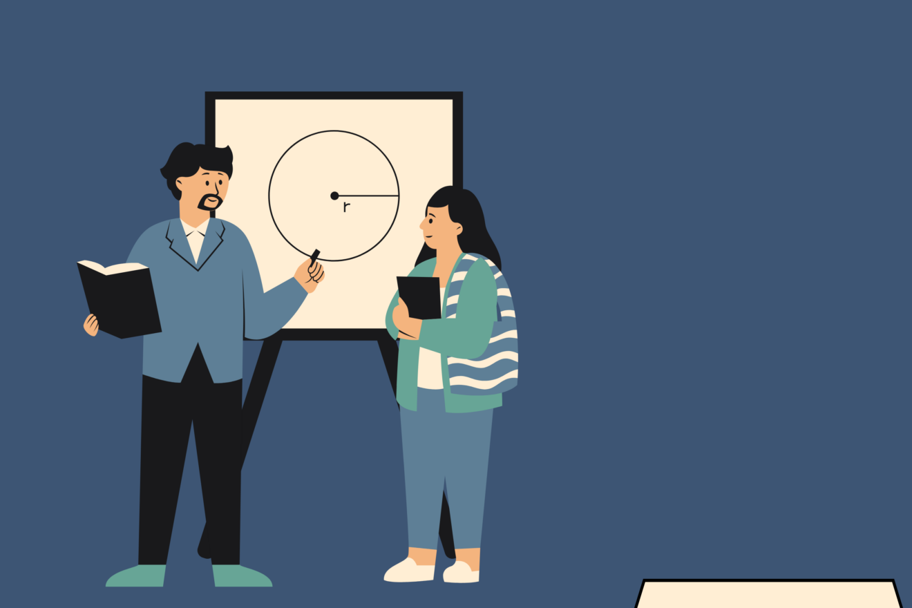 Illustration of a teacher explaining a concept.