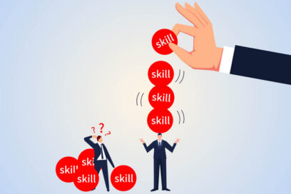 Skilled traders versus rusty traders, failed acrobatic traders watching well performing traders successfully perform acrobatics, professional skills versus efficiency